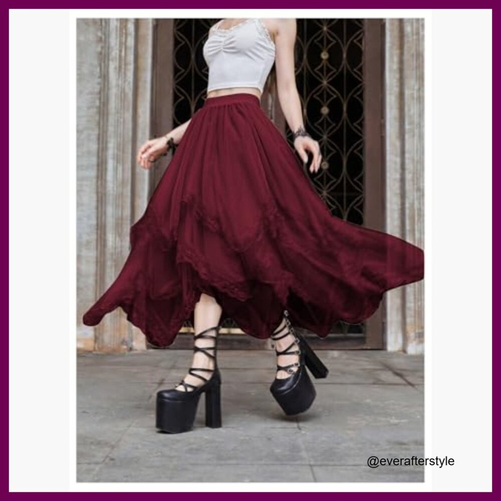 Lace Trim Mesh Tulle Skirt High Waist Asymmetrical Long Goth - Picture 4 of 5